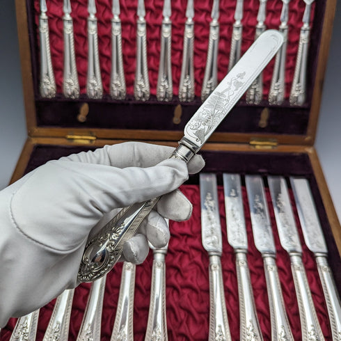 Around 1900 British antique silver plated cutlery 12 pair set in wooden box Walker & Hall